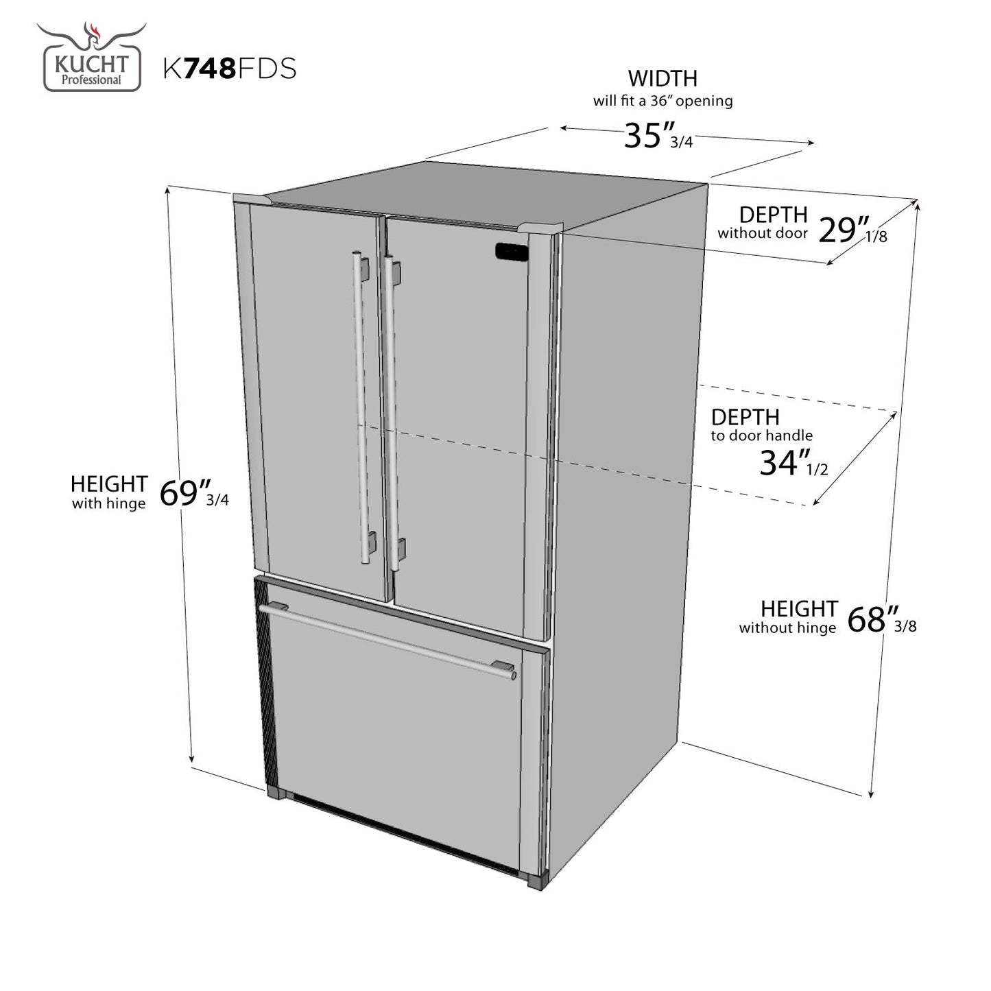Kucht 26.1 Cu. Ft. 36-Width Standard Depth French Door Refrigerator with Interior Ice Maker K748FDS