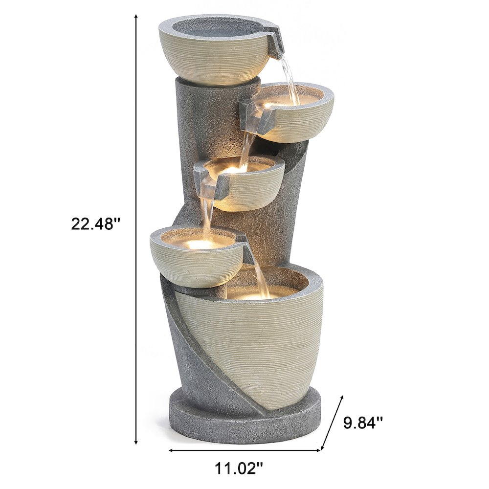 Gray Curves and Cascading Bowls Resin Outdoor Fountain with LED Lights
