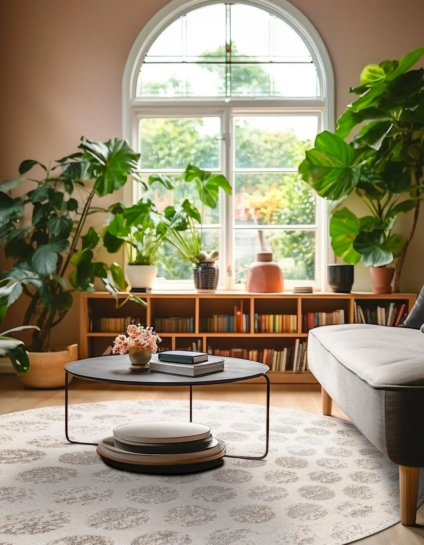 Beige and Ivory Sabrina Soto Indoor/Outdoor Round Rug with Circles