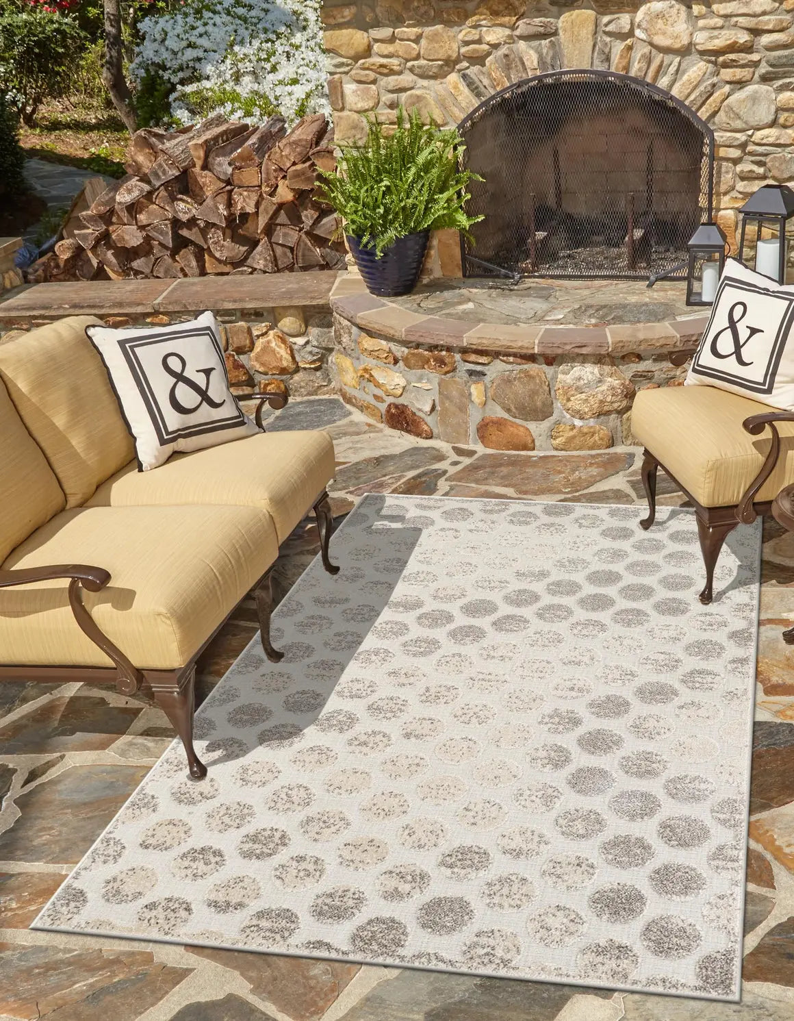 Beige and Ivory Sabrina Soto Indoor/Outdoor Rectangle Rug with Circles