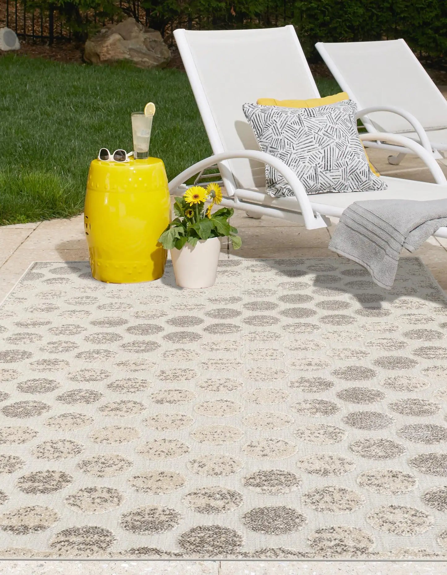 Beige and Ivory Sabrina Soto Indoor/Outdoor Rectangle Rug with Circles