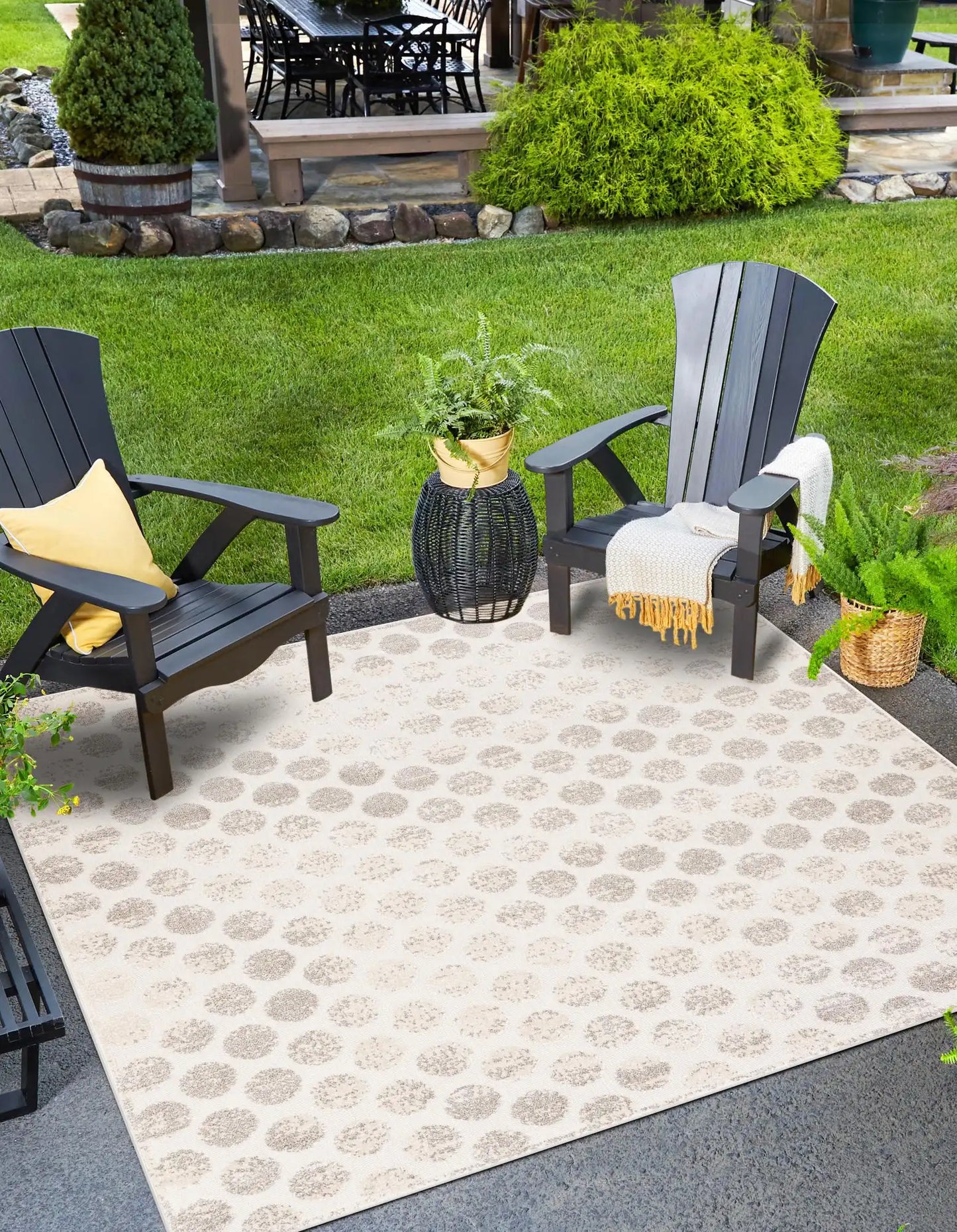 Beige and Ivory Sabrina Soto Indoor/Outdoor Square Rug with Circles