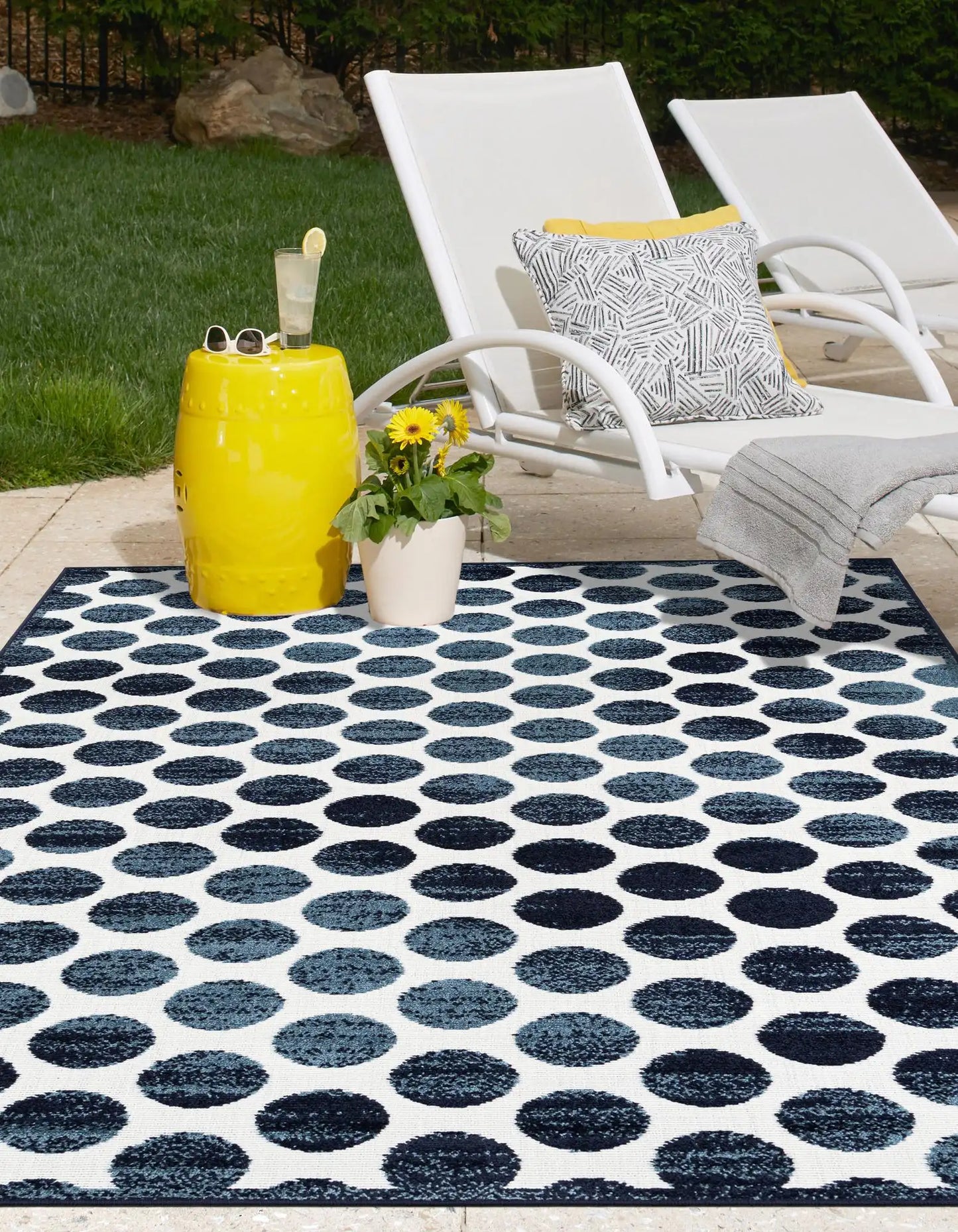 Navy Blue Sabrina Soto Indoor/Outdoor Rectangle Rug with Circles