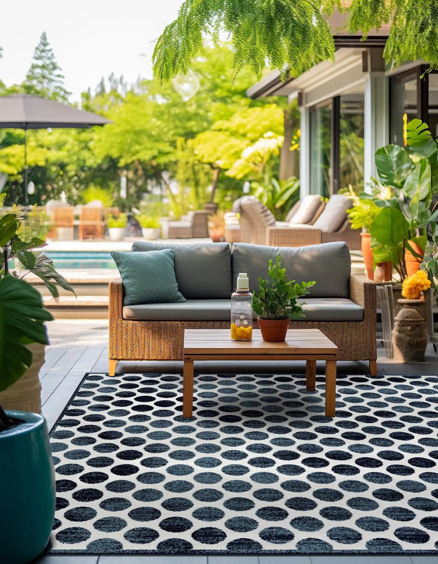 Navy Blue Sabrina Soto Indoor/Outdoor Square Rug with Circles