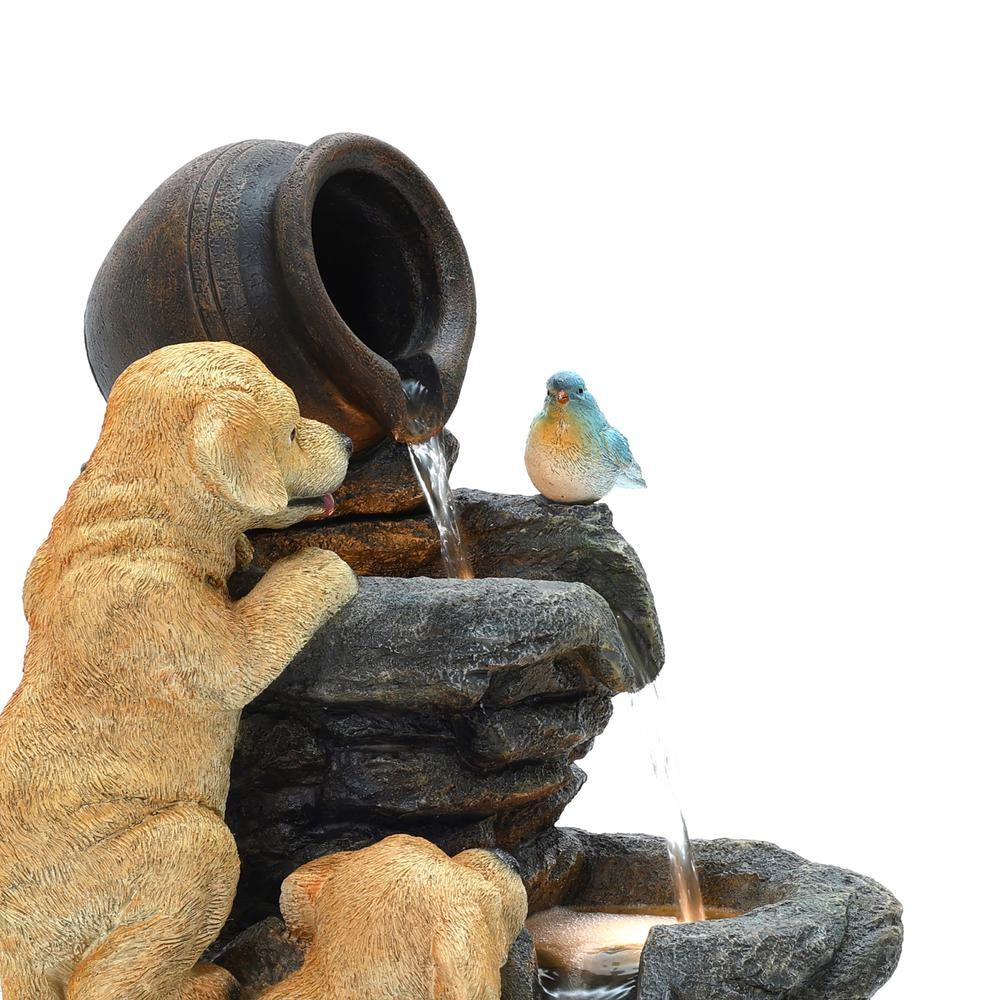Puppy Rock Tower Farmhouse Resin Outdoor Fountain with Lights