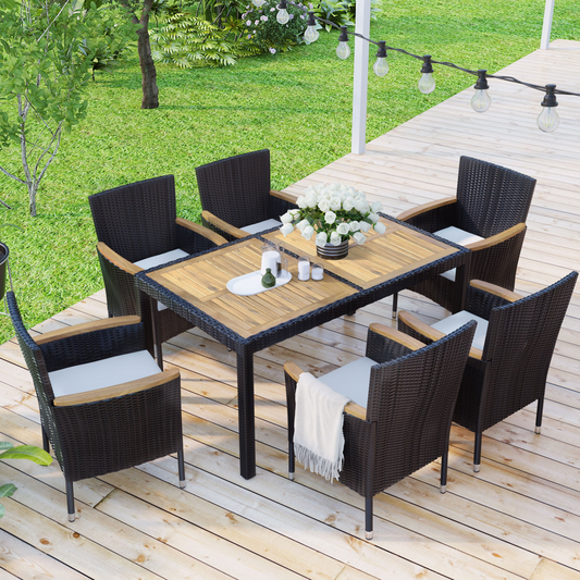7-Piece Outdoor Patio Dining Set, Garden PE Rattan Wicker Dining Table and Chairs Set, Acacia Wood Tabletop, Stackable Armrest Chairs with Cushions, Brown