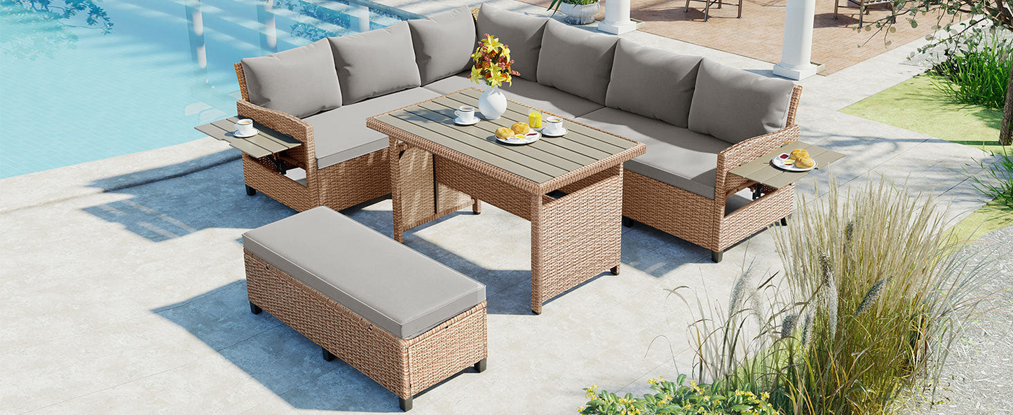 5-Piece Outdoor Patio Rattan Sofa Set, Sectional PE Wicker L-Shaped Garden Furniture Set with 2 Extendable Side Tables, Dining Table and Washable Covers for Backyard, Poolside, Indoor, Brown