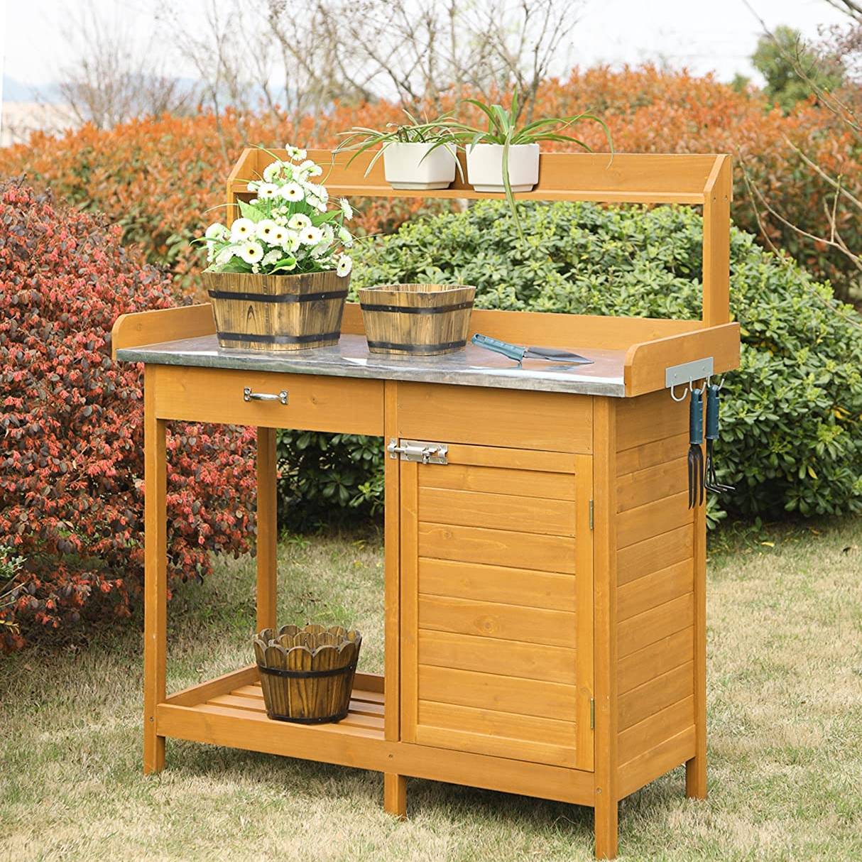 Outdoor > Gardening > Potting Benches - Outdoor Garden Organizer Stainless Steel Top Potting Bench Storage Cabinet