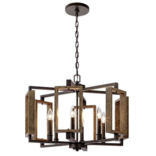 Lighting > Chandeliers - 6-Light Dimmable Aged Bronze Farmhouse Pendant With Wood Accents Chandelier