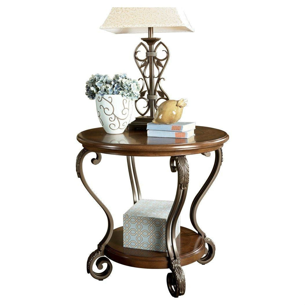 Bedroom > Nightstand And Dressers - Accent End Table Nightstand In Brown Wood With Scrolling Metal Legs