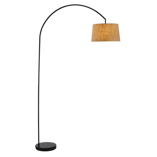 Lighting > Floor Lamps - Modern Arching Floor Lamp In Matte Black With Taupe Burlap Fabric Drum Shade