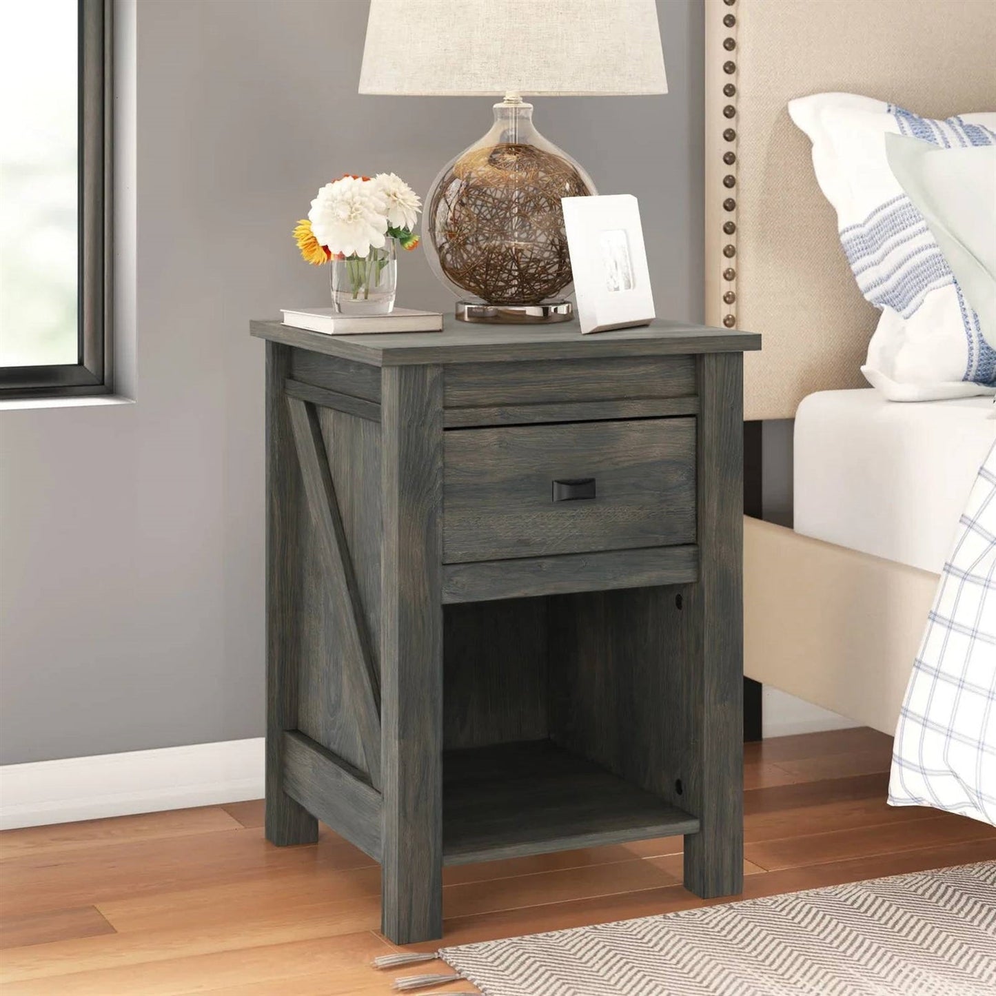 Bedroom > Nightstand And Dressers - Farmhouse 1-Drawer Bedroom Nightstand With Open Shelf In Rustic Grey Oak