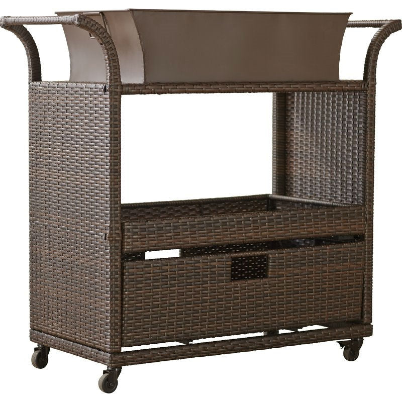 Outdoor > Outdoor Furniture > Patio Tables - Outdoor Sturdy Resin Wicker Serving Bar Cart With Tray Brown Rattan