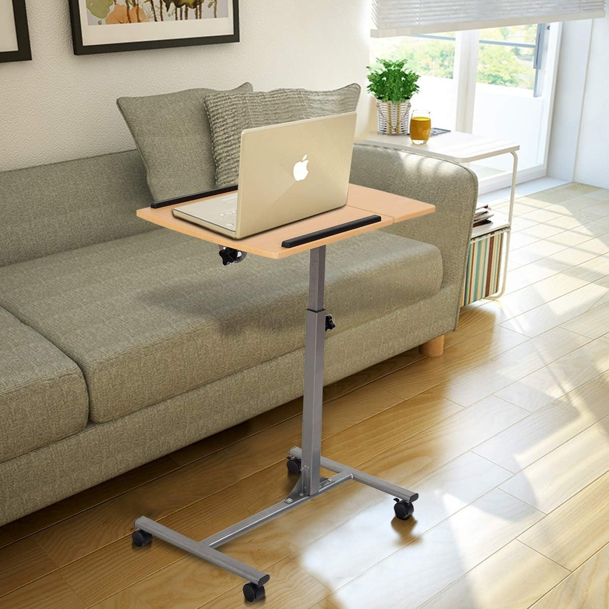 Office > Computer Desks - Mobile Laptop Desk Cart On Wheels With Wood Top