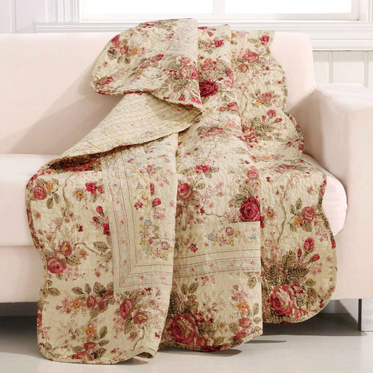 Bedroom > Quilts & Blankets - Red Pink Gold Ecru Floral Roses Quilt Throw Blanket In 100% Cotton