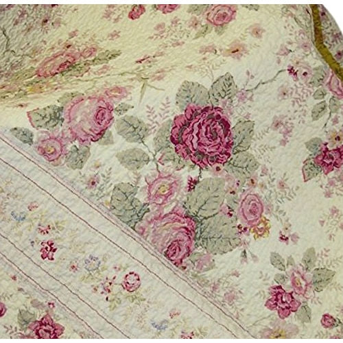 Bedroom > Quilts & Blankets - Red Pink Gold Ecru Floral Roses Quilt Throw Blanket In 100% Cotton