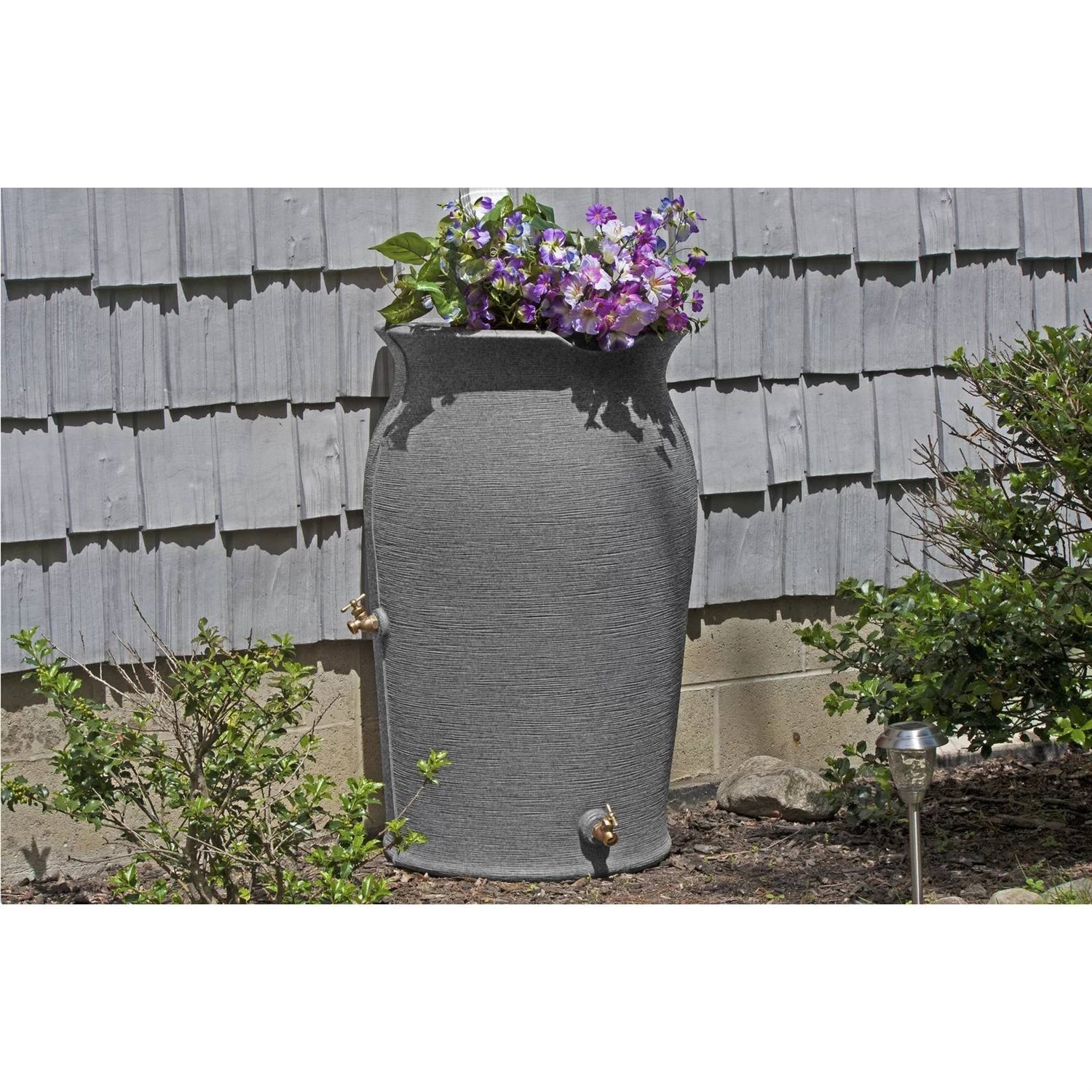 Outdoor > Gardening > Rain Barrels - Dark Grey Granite 50-Gallon Plastic Urn Rain Barrel With Planter Top