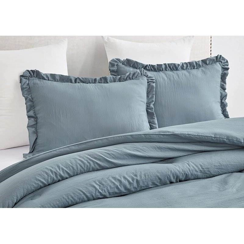 Bedroom > Comforters And Sets - Full Size Blue Stone Washed Ruffled Edge Microfiber 3-Piece Comforter Set