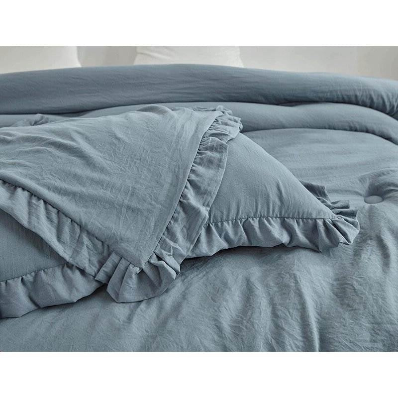 Bedroom > Comforters And Sets - Full Size Blue Stone Washed Ruffled Edge Microfiber 3-Piece Comforter Set
