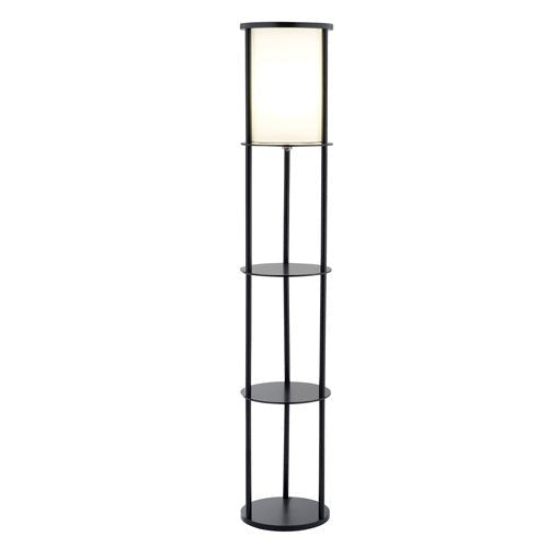 Lighting > Floor Lamps - Modern Asian Style Round Shelf Floor Lamp In Black With White Shade