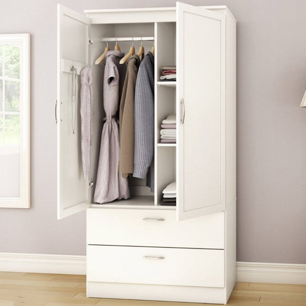 Bedroom > Wardrobe & Armoire - White Armoire Bedroom Clothes Storage Wardrobe Cabinet With 2 Drawers