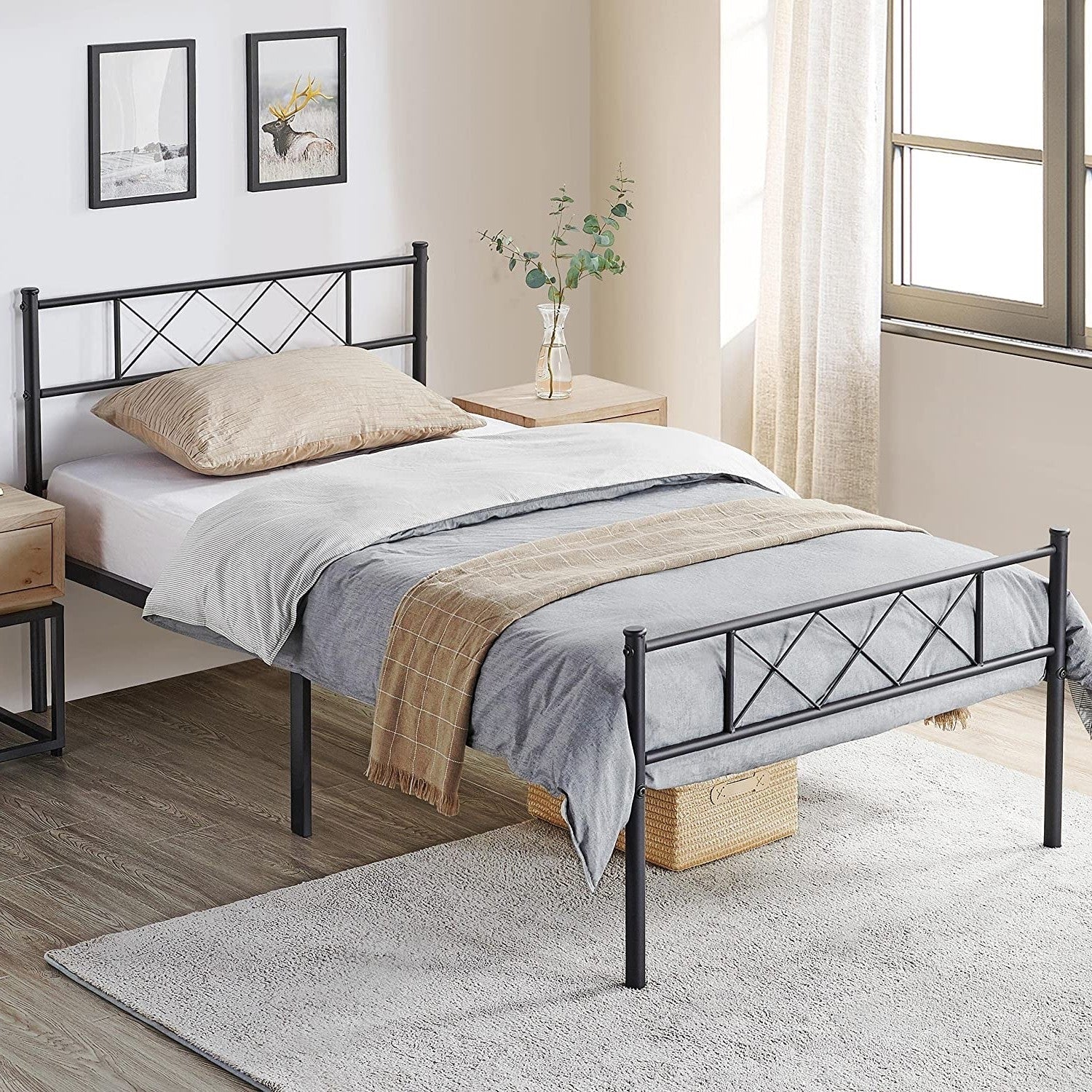 Bedroom > Bed Frames > Platform Beds - Twin Size Traditional Powder Coated Slatted Metal Platform Bed