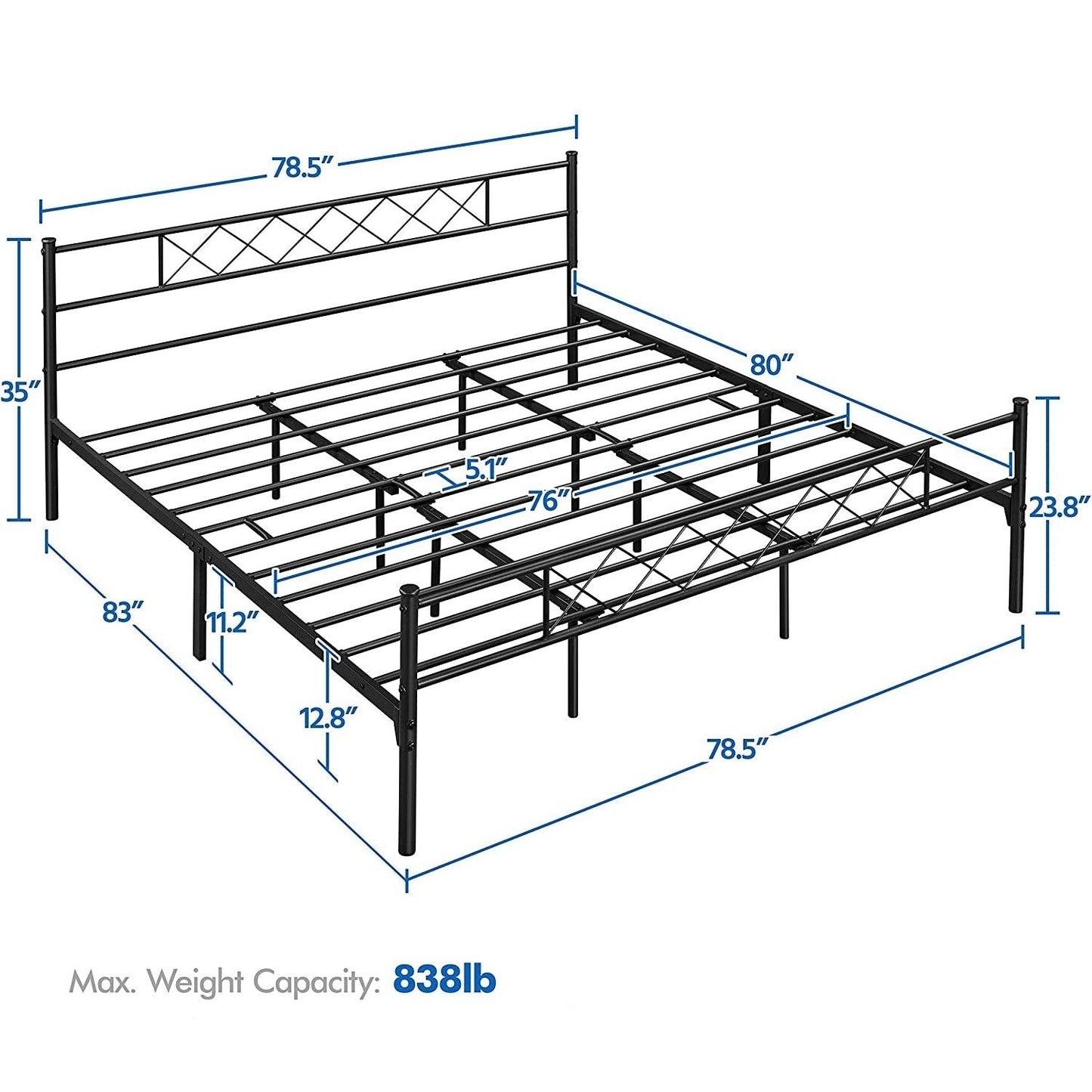 Bedroom > Bed Frames > Platform Beds - King Size Traditional Powder Coated Slatted Metal Platform Bed