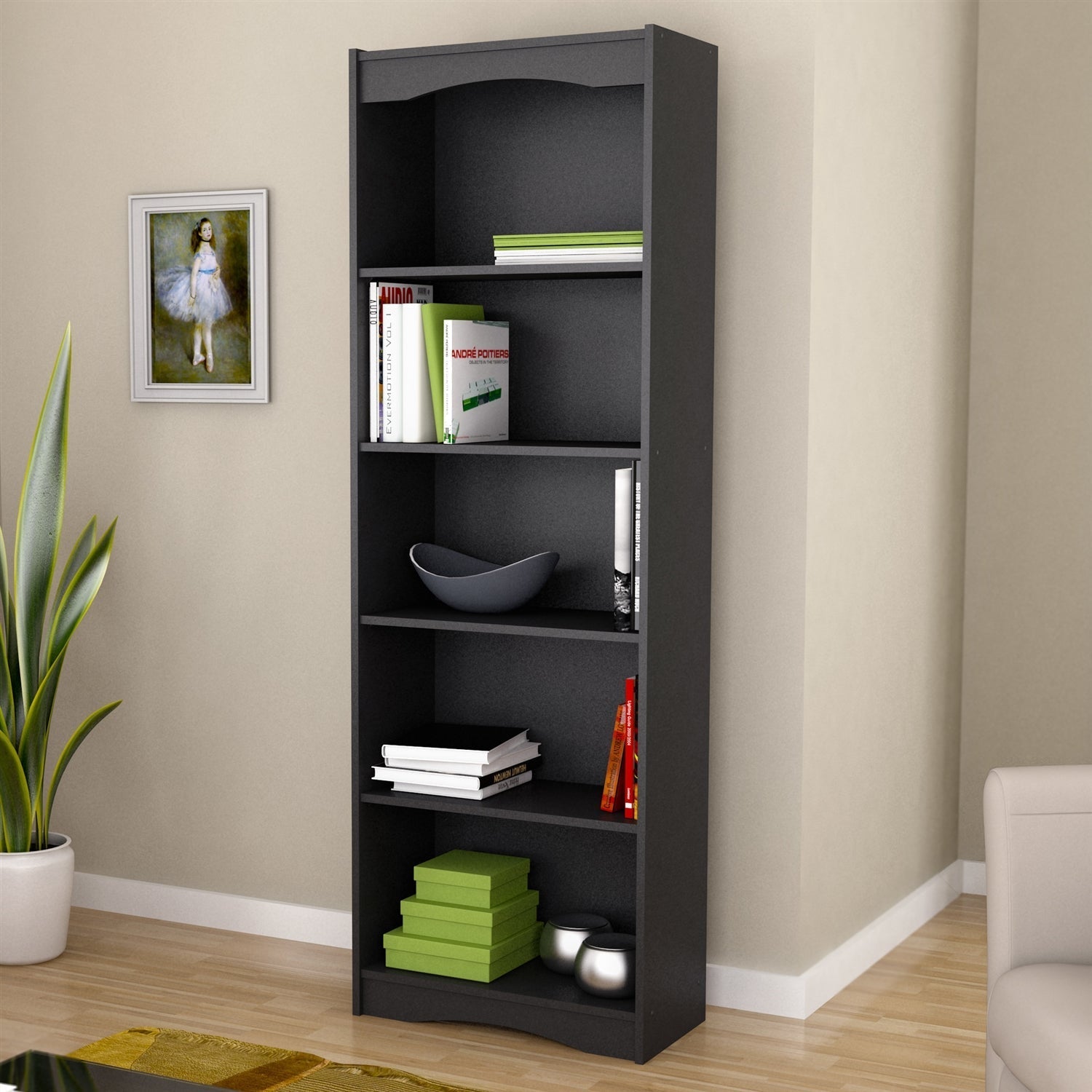 Living Room > Bookcases - Contemporary Black Bookcase With 5 Shelves And Curved Accents