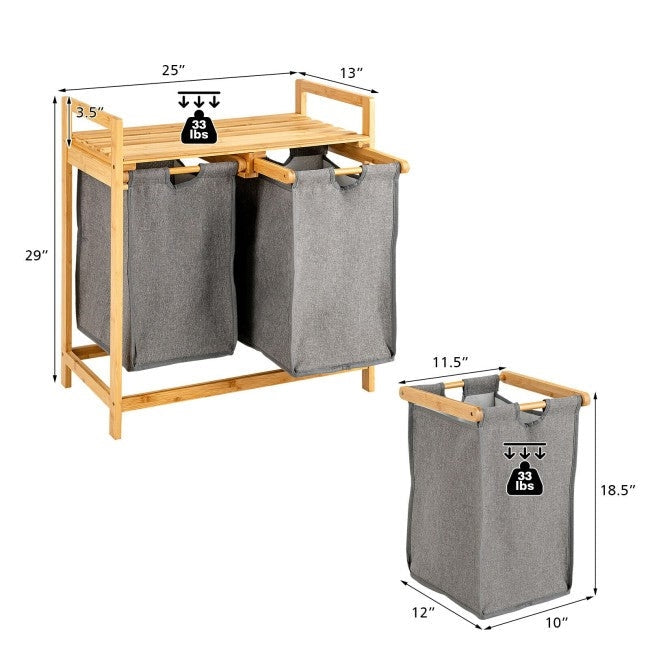 Bathroom > Laundry Hampers - Natural Bamboo 2 Bin Sliding Laundry Hamper With Storage Shelf