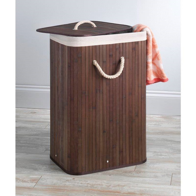 Bathroom > Laundry Hampers - Brown Bamboo Laundry Hamper Dirty Clothes Basket With Lid And Removable Bag
