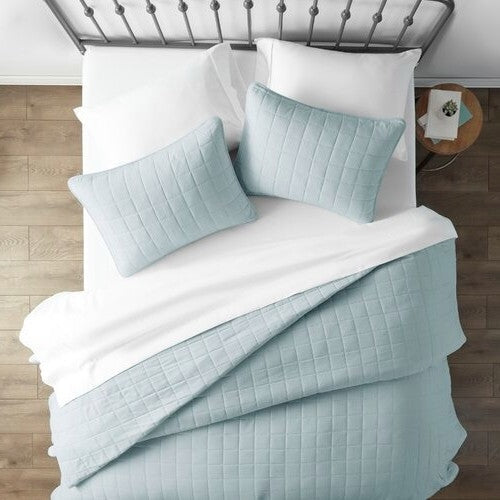 Bedroom > Quilts & Blankets - 3 Piece Microfiber Farmhouse Coverlet Bedspread Set Light Blue, King/California King