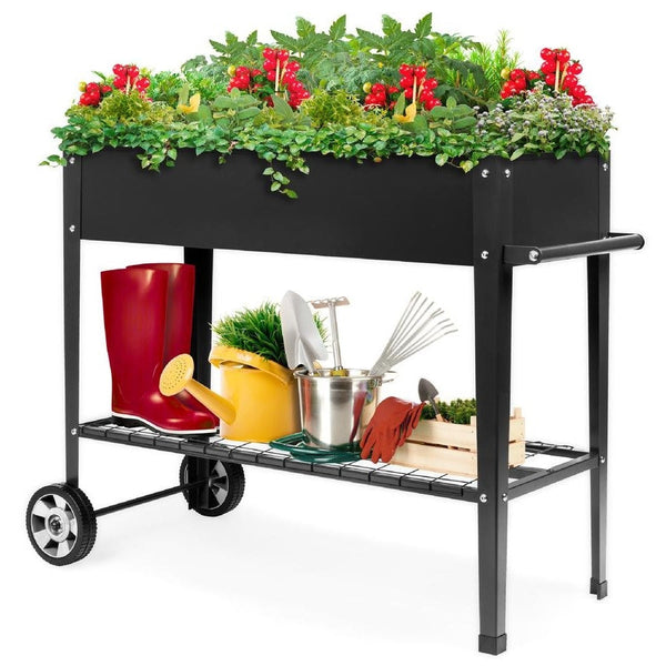 Outdoor > Gardening > Potting Benches - Mobile Black Metal Garden Potting Bench With Push Handle Wheels