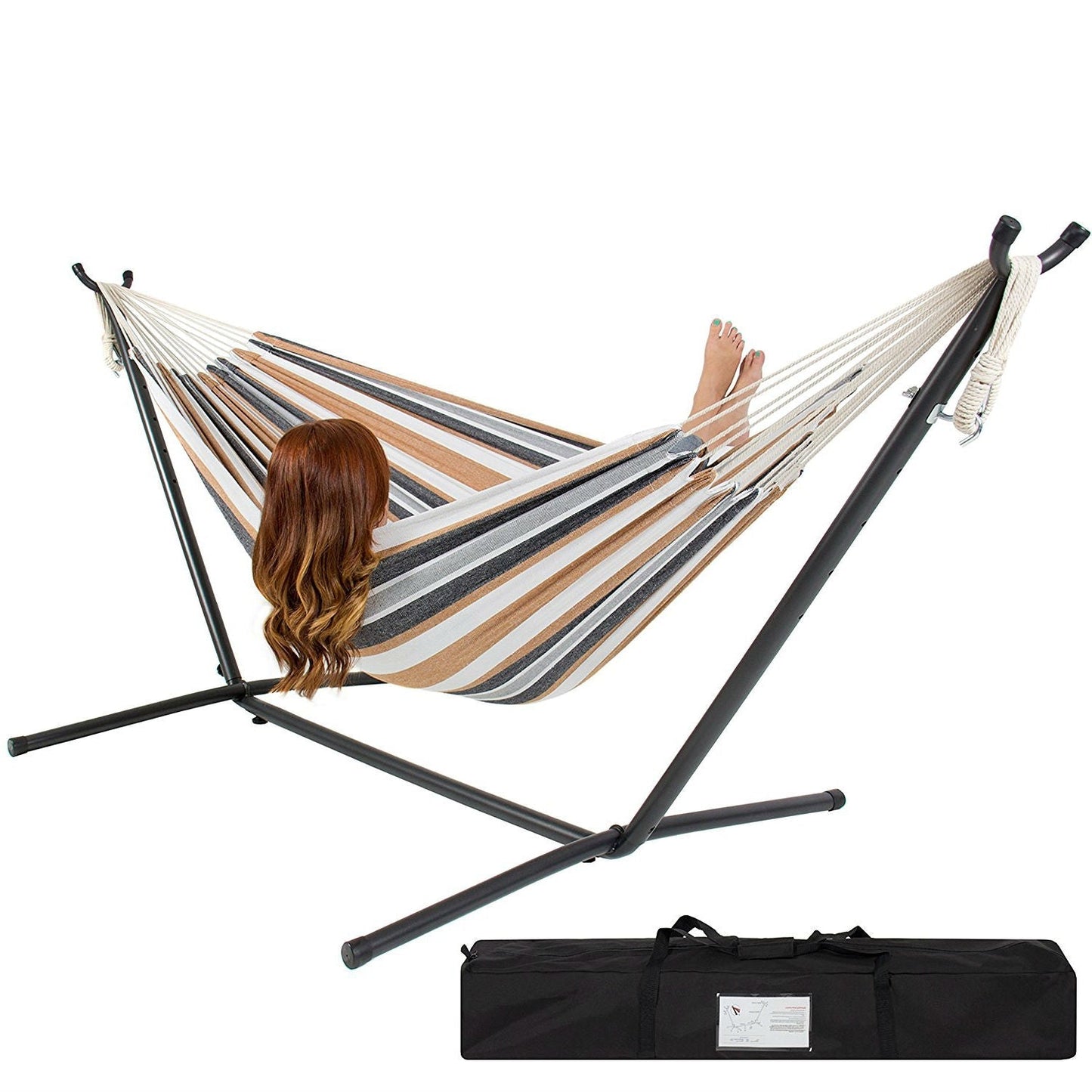 Outdoor > Outdoor Furniture > Hammocks - Portable Cotton Hammock In Desert Strip With Metal Stand And Carry Case