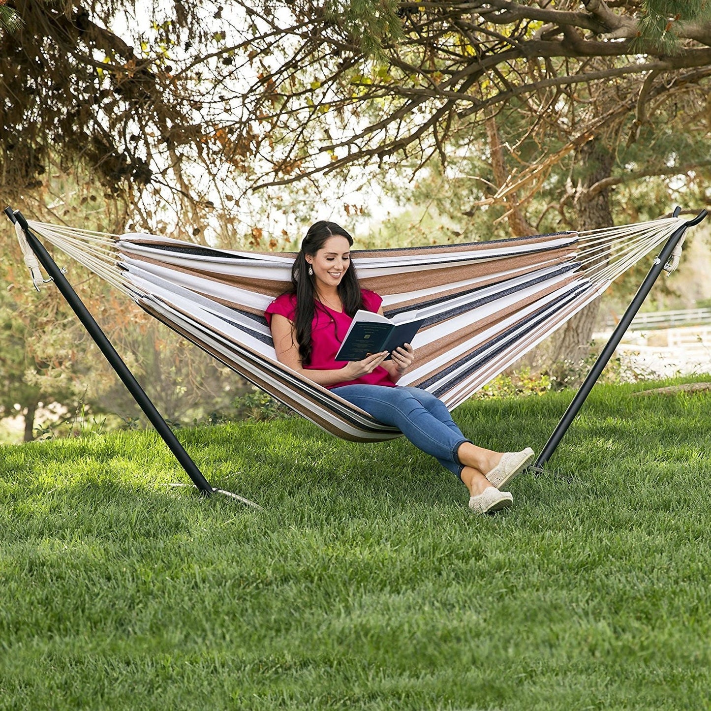 Outdoor > Outdoor Furniture > Hammocks - Portable Cotton Hammock In Desert Strip With Metal Stand And Carry Case
