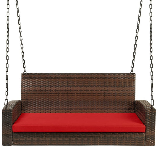 Outdoor > Outdoor Furniture > Porch Swings And Gliders - Brown Wicker Hanging Patio Porch Swing Bench W/ Mounting Chains And Red Seat Cushion