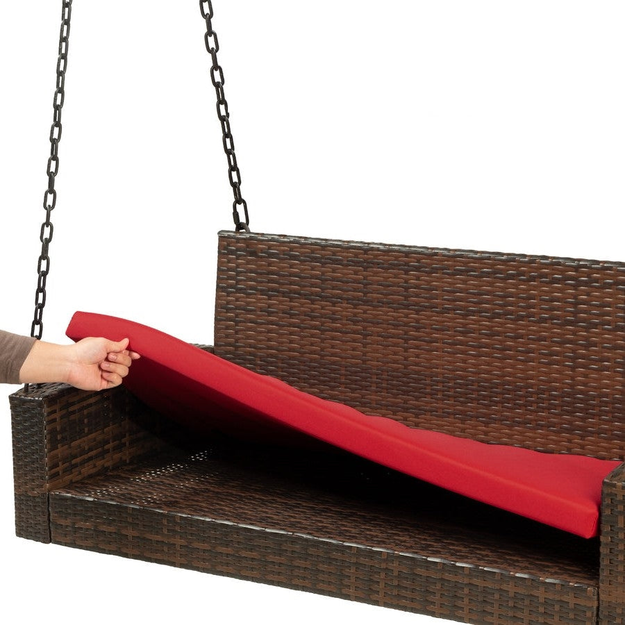 Outdoor > Outdoor Furniture > Porch Swings And Gliders - Brown Wicker Hanging Patio Porch Swing Bench W/ Mounting Chains And Red Seat Cushion