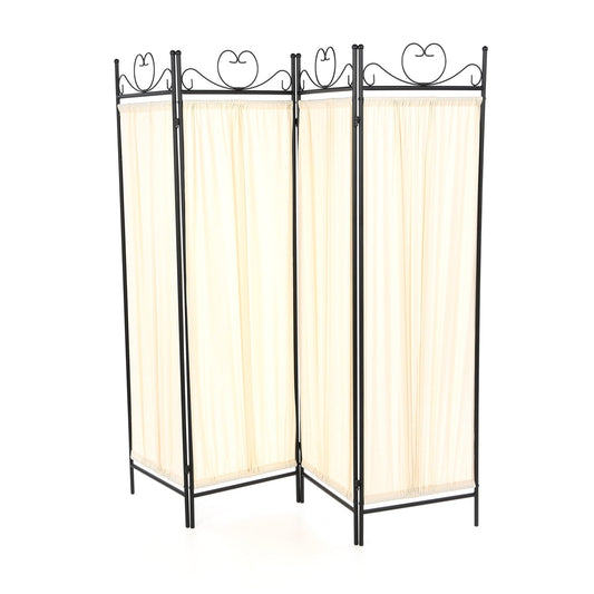 Accents > Room Divider Screens - Black Metal 4-Panel Room Divider With Off-White Fabric Screen