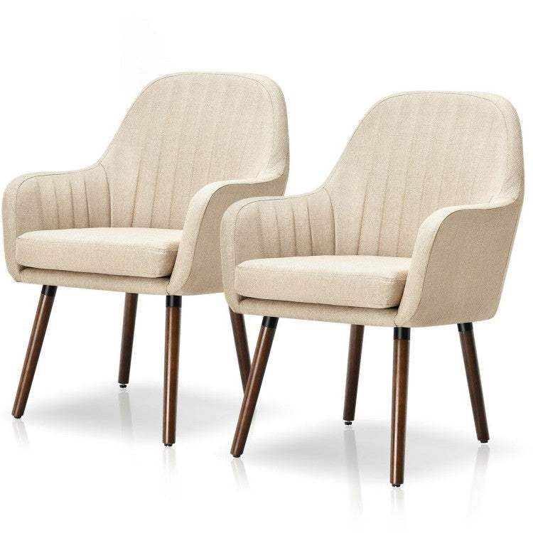 Living Room > Accent Chairs - Set Of 2 Retro Off-White Linen Upholstered Accent Chair With Stylish Wood Legs