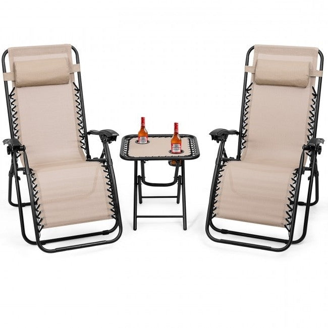 3 Piece Folding Portable Reclining Lounge Chairs Table Set Tan-Novel Home