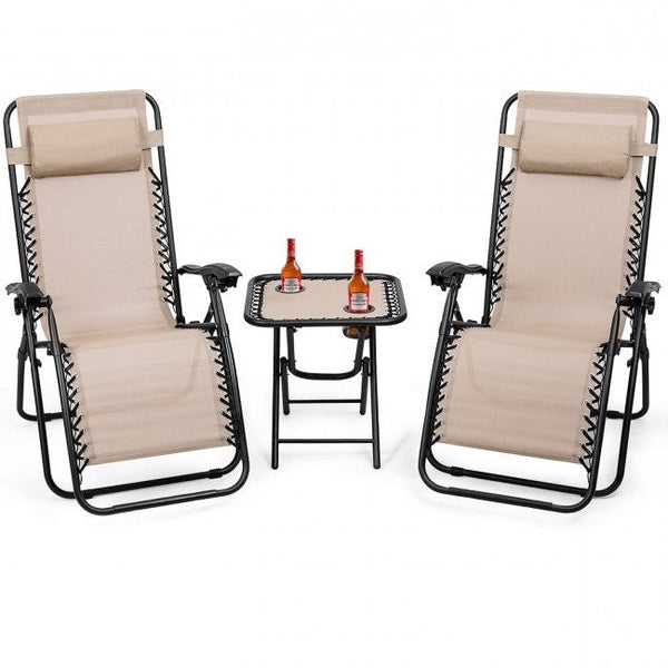 Outdoor > Outdoor Furniture > Patio Furniture Sets - 3 Piece Folding Portable Reclining Lounge Chairs Table Set Tan