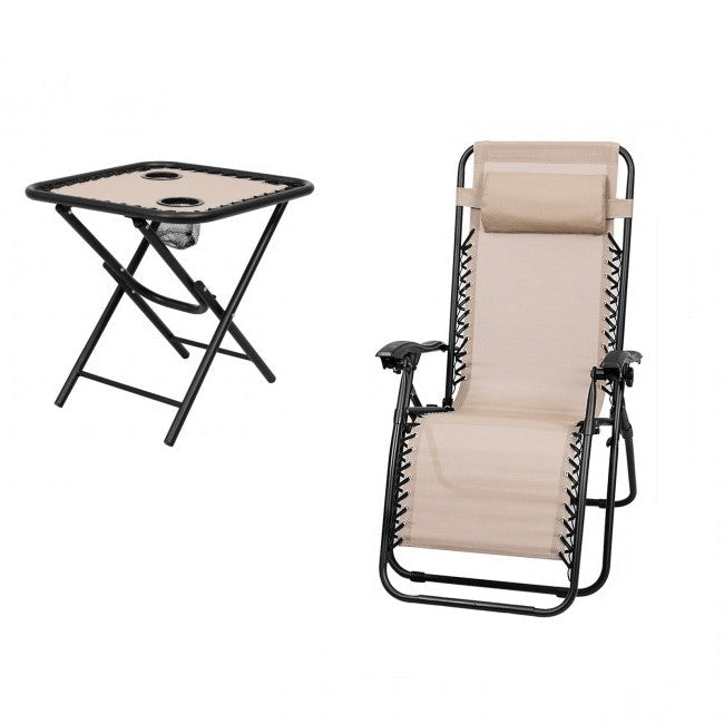 3 Piece Folding Portable Reclining Lounge Chairs Table Set Tan-Novel Home