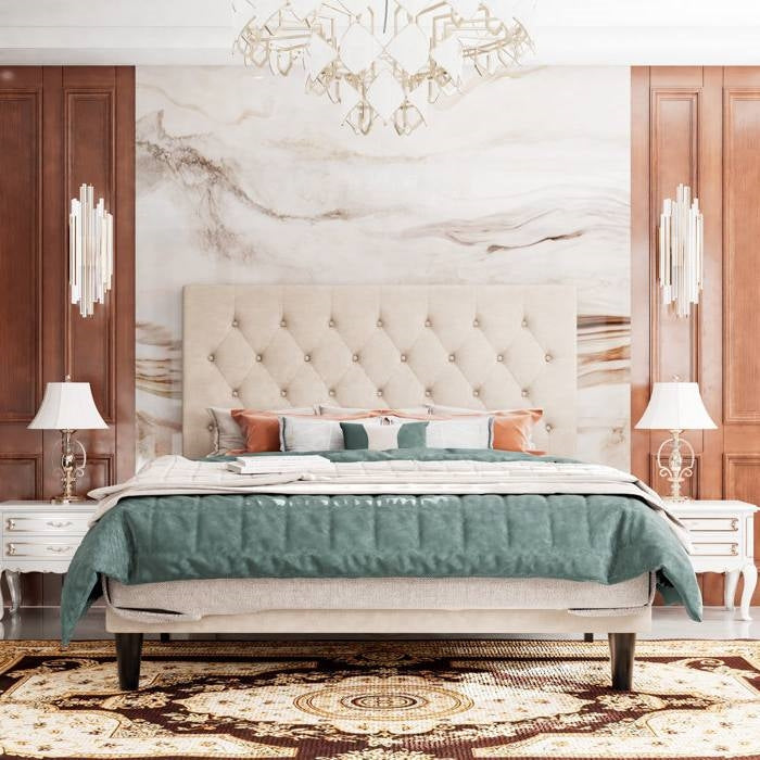 Bedroom > Bed Frames > Platform Beds - Full Size Beige Linen Upholstered Platform Bed With Button-Tufted Headboard