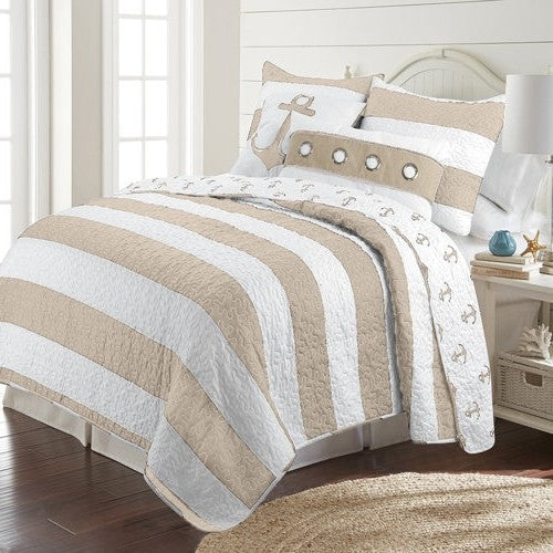 Bedroom > Quilts & Blankets - 3 Piece Nautical Stripped/Anchors Reversible Microfiber Quilt Set Beige, King