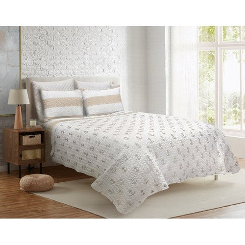 Bedroom > Quilts & Blankets - 3 Piece Nautical Stripped/Anchors Reversible Microfiber Quilt Set Beige, King