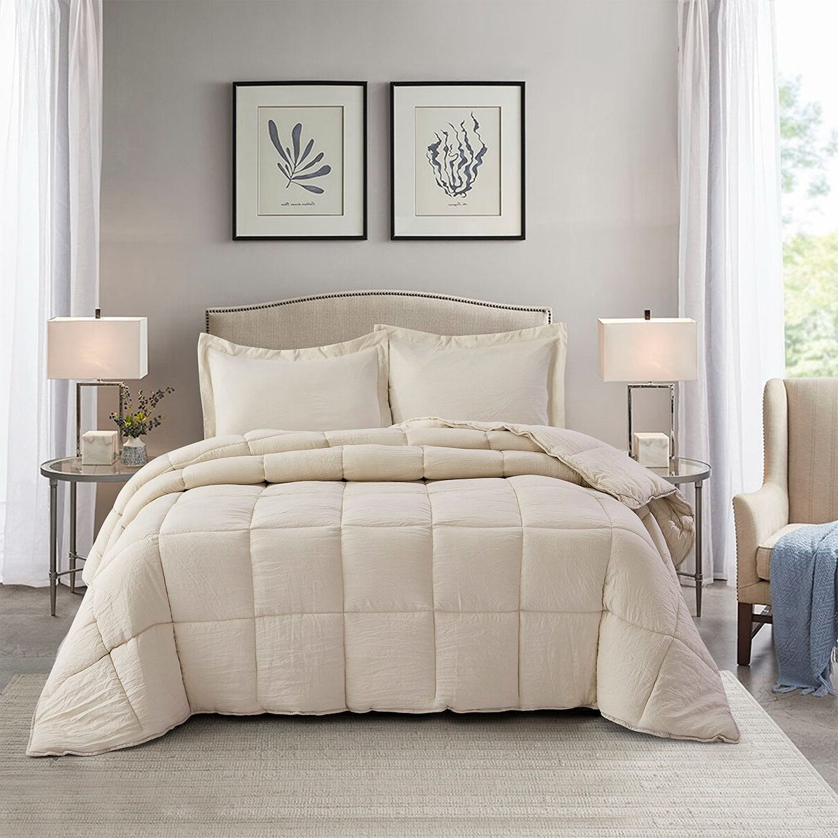 Bedroom > Comforters And Sets - Queen Size Beige 3 Piece Microfiber Reversible Comforter Set