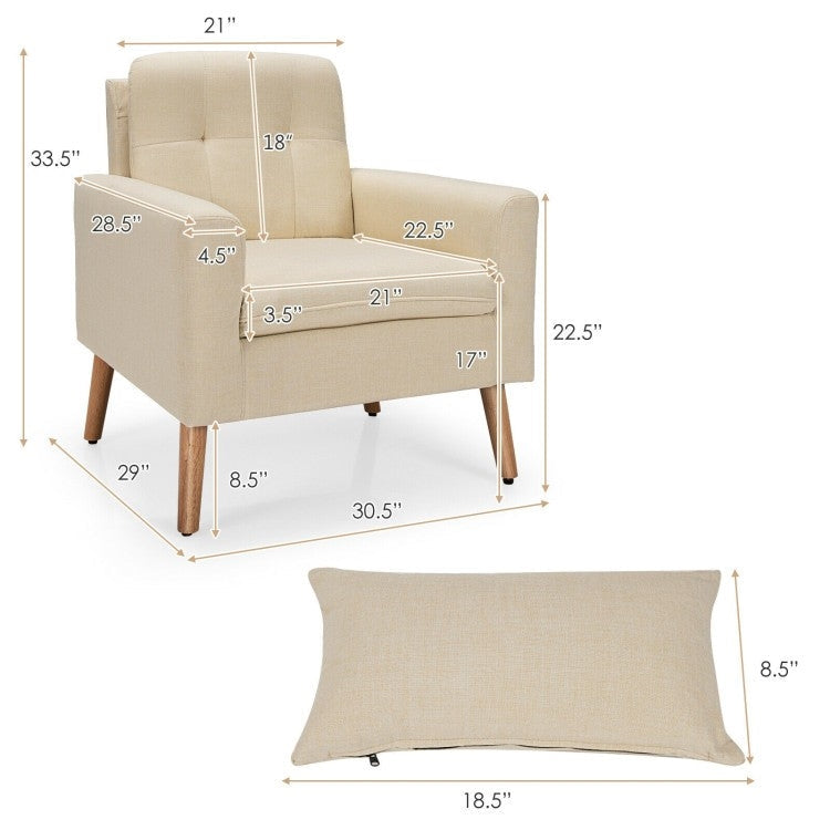Living Room > Accent Chairs - Beige Linen Mid-Century Modern Living Room Accent Chair With Pillow