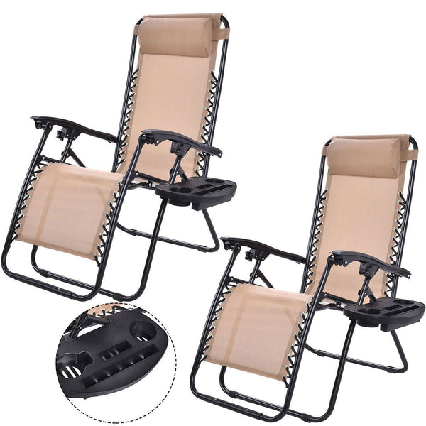 Outdoor > Outdoor Furniture > Patio Chairs - Set Of 2 Beige Folding Outdoor Zero Gravity Lounge Chair Recliner