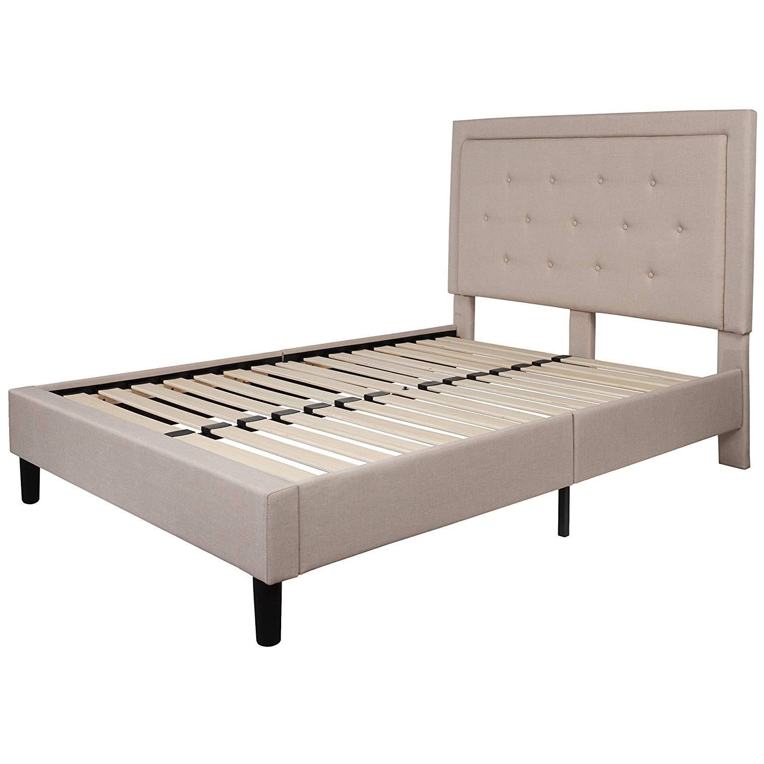Bedroom > Bed Frames > Platform Beds - Full Beige Fabric Upholstered Platform Bed Frame With Tufted Headboard