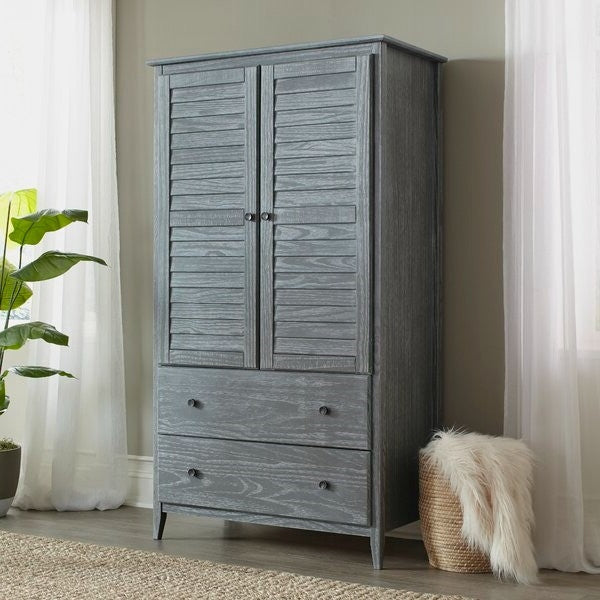 Bedroom > Wardrobe & Armoire - FarmHome Louvered Distressed Grey Solid Pine Armoire