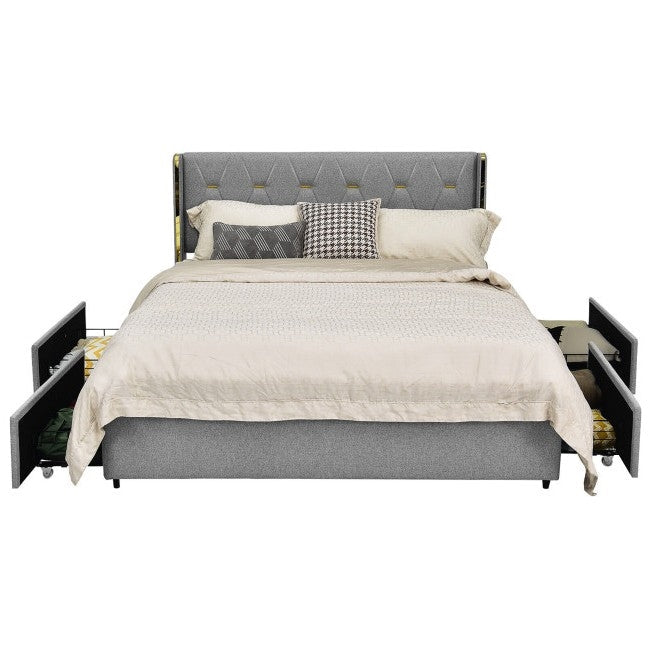 Bedroom > Bed Frames > Platform Beds - Queen Size Grey/Gold Linen Headboard 4 Drawer Storage Platform Bed